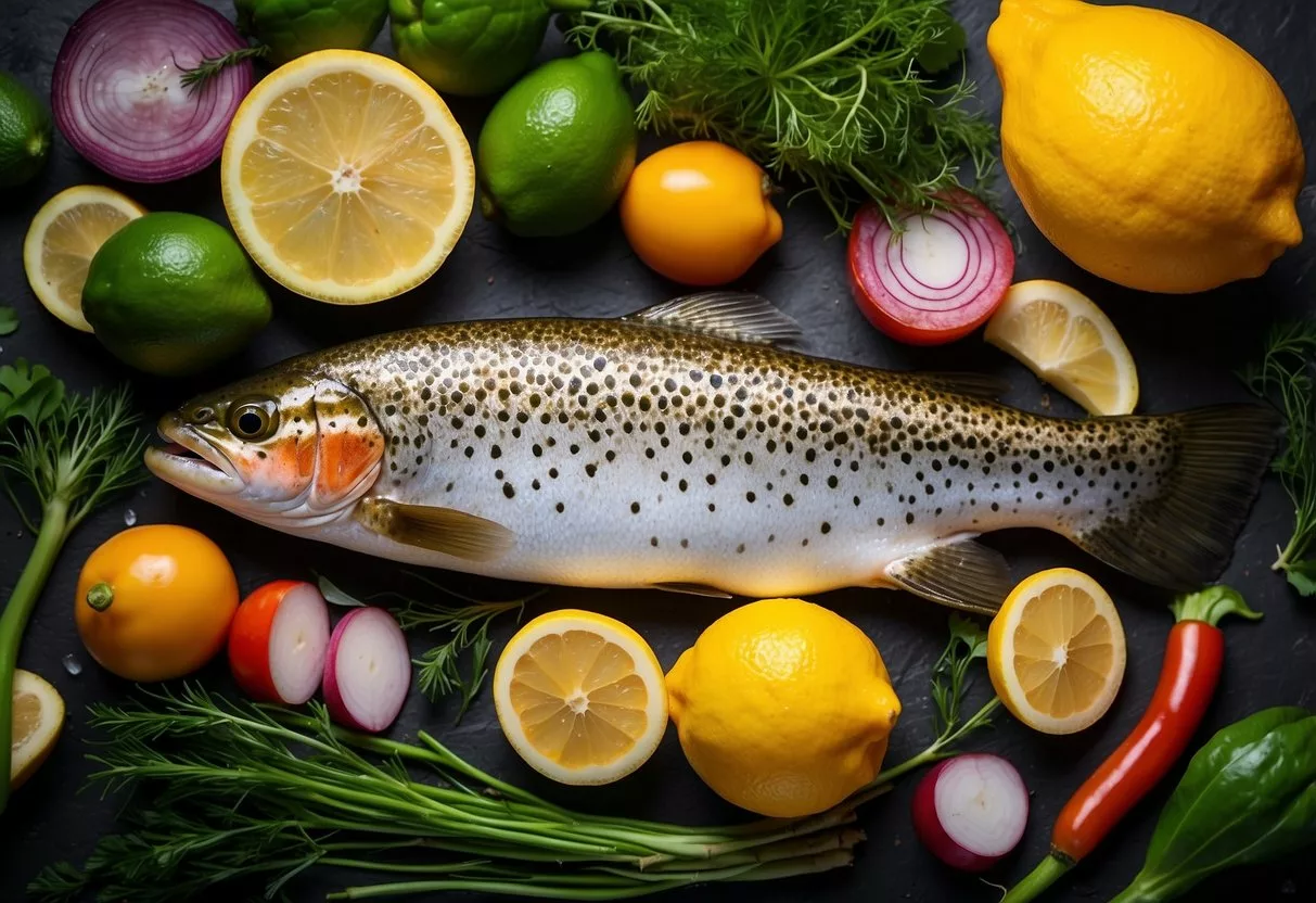 A sizzling trout lies on a bed of fresh lemon slices, surrounded by vibrant green herbs and colorful roasted vegetables