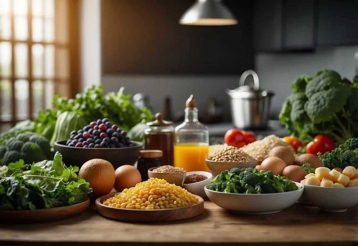 A table set with colorful, nutrient-rich foods like lean proteins, leafy greens, and whole grains. A chef's hat and apron hang nearby