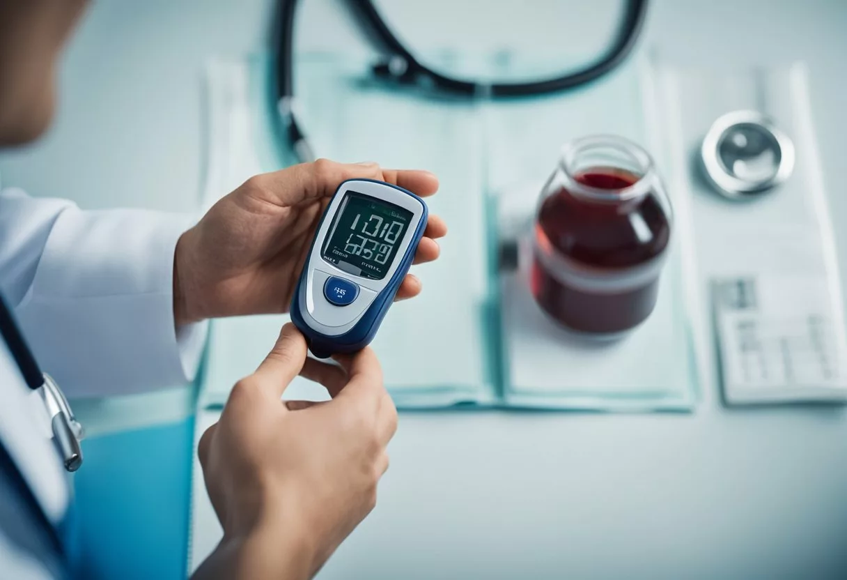 A doctor holds a blood glucose meter and a vial of blood. A chart on the wall shows normal and diabetic blood sugar levels