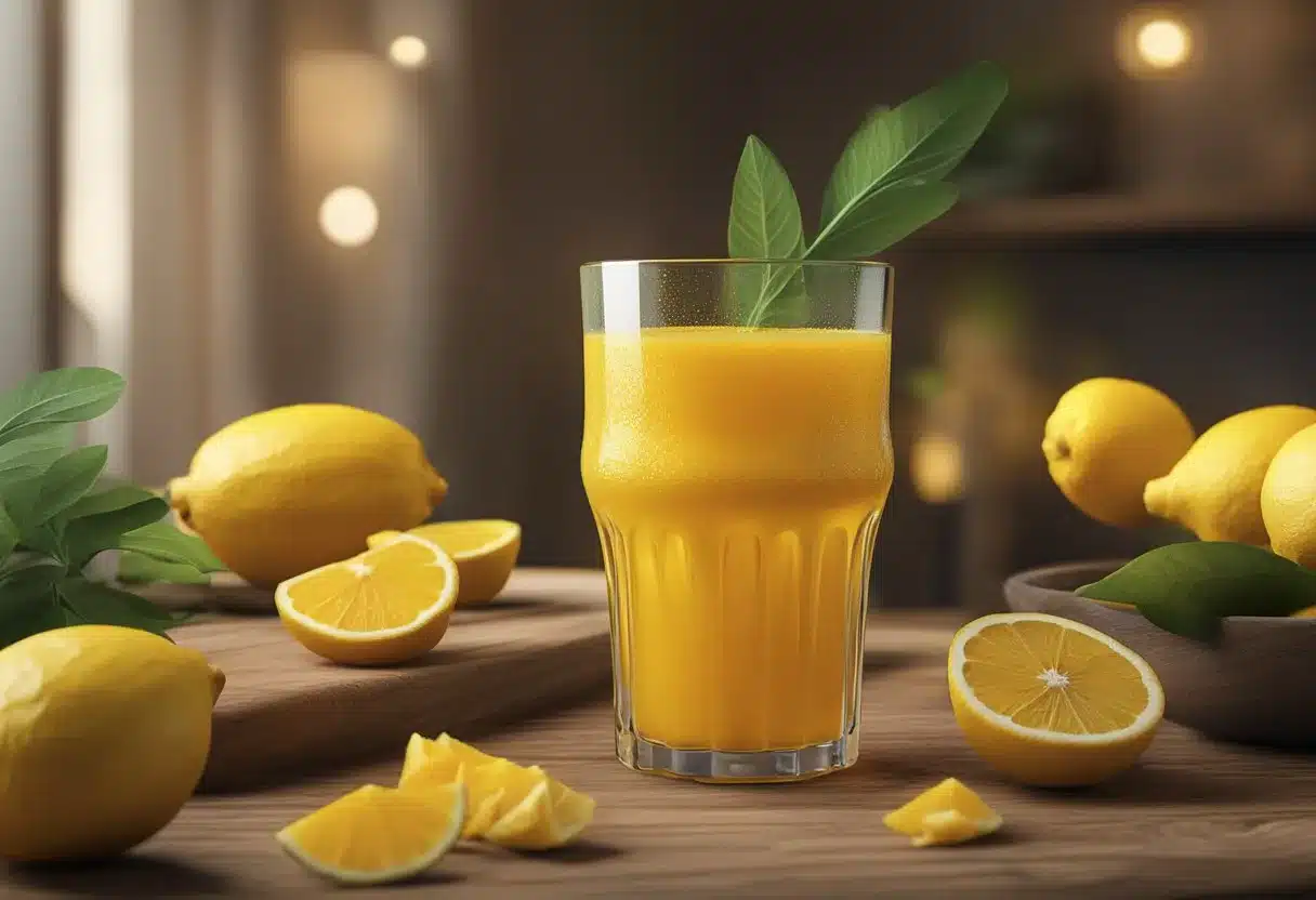 A glass of turmeric tonic surrounded by fresh turmeric root, ginger, and lemons on a wooden table