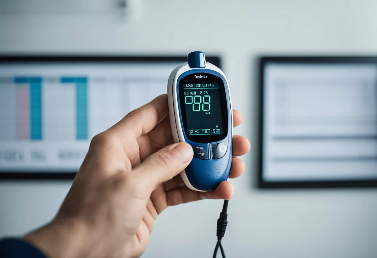 A doctor holds a glucose meter and a blood sample. A chart showing symptoms of diabetes is displayed on the wall