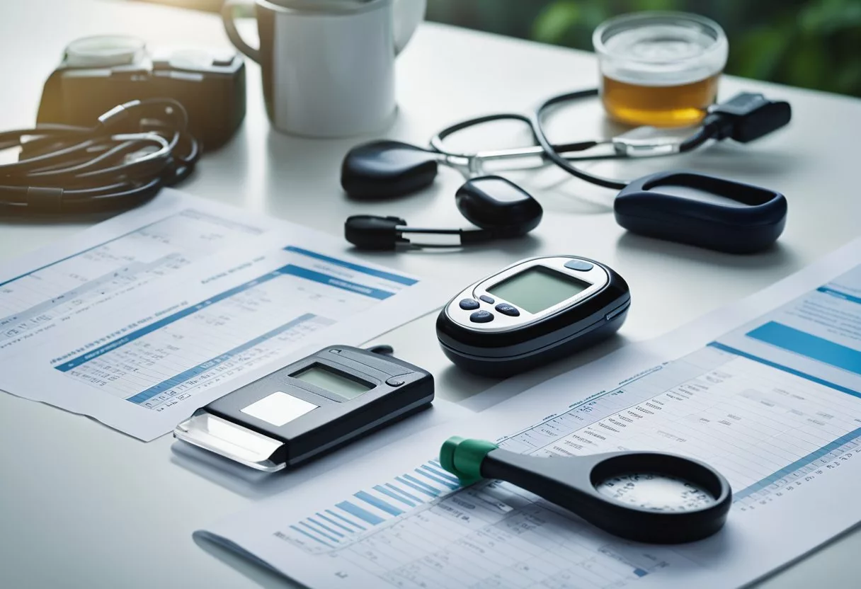 A doctor's desk with a blood glucose monitoring kit, a urine test strip, and a chart of diagnostic criteria for diabetes mellitus