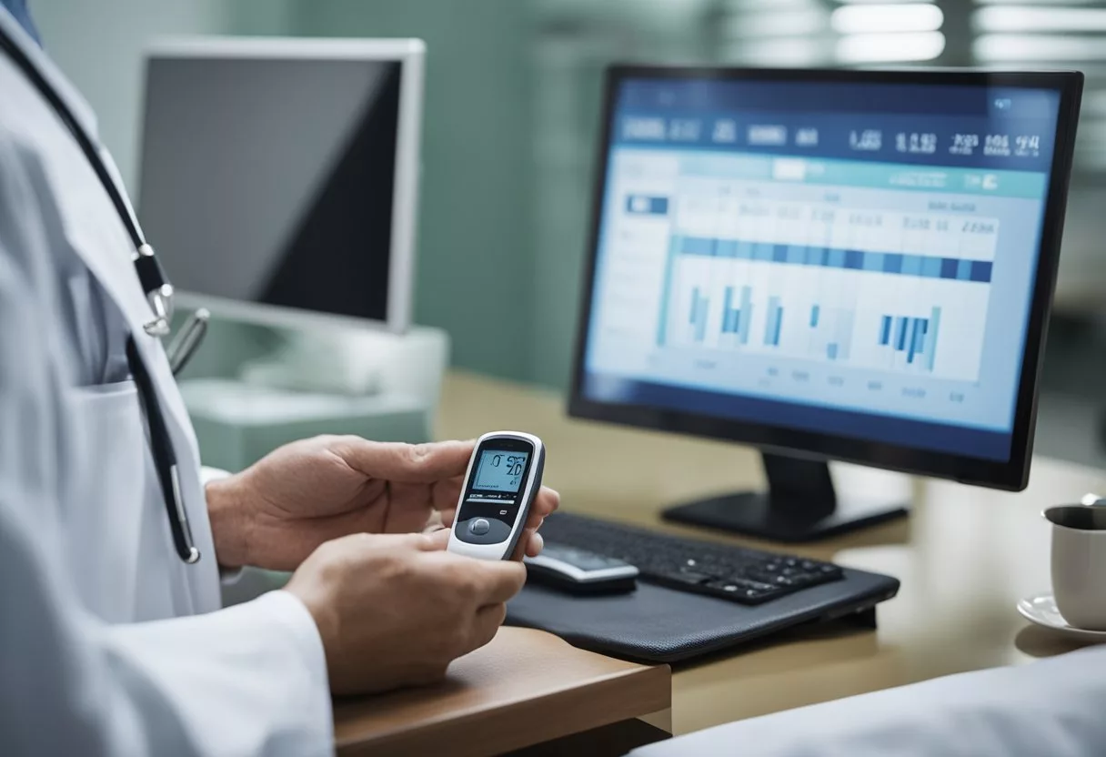 A doctor holds a blood glucose meter and lancet, while a patient's medical history is being reviewed on a computer screen