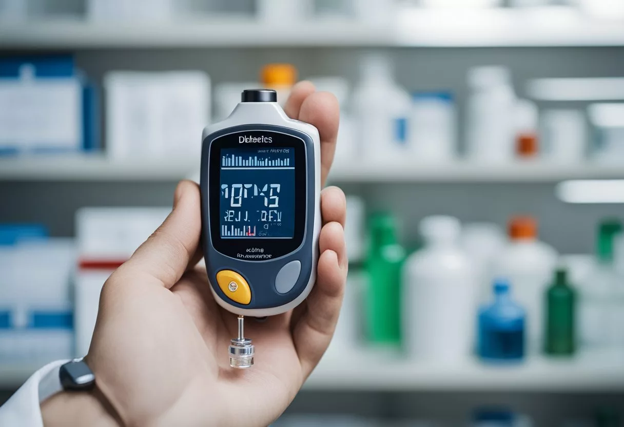 A doctor in a lab coat holds a blood glucose meter and a vial of blood. A chart on the wall shows diagnostic criteria for diabetes mellitus