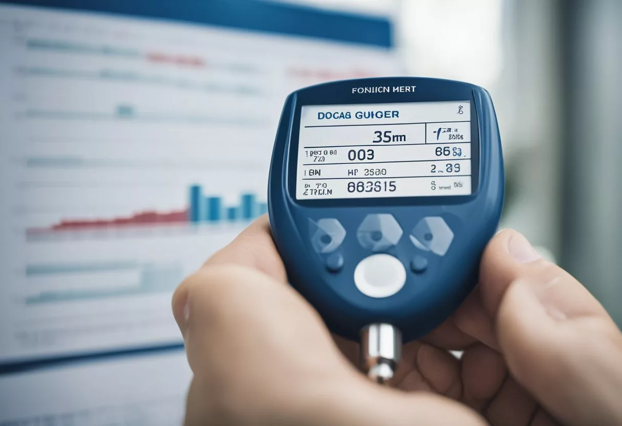 A doctor holds a blood glucose meter and a syringe, with a chart of diagnostic criteria displayed on the wall