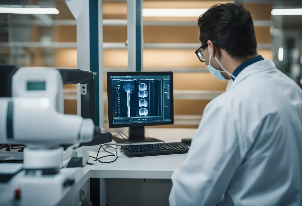 A technician measures CIMT on a carotid artery using ultrasound. The screen displays a clear image of the artery wall thickness