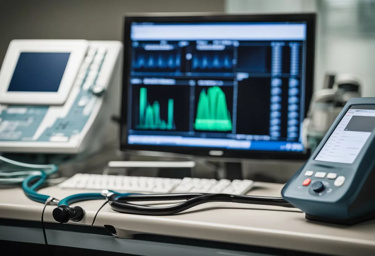 A stethoscope and ultrasound machine on a medical table, with a computer screen displaying a carotid intima‑media thickness test (CIMT) result