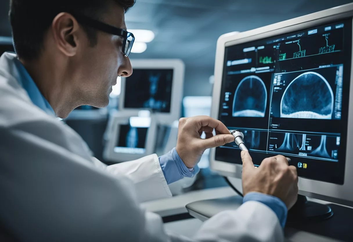 A high-resolution ultrasound machine measures the thickness of carotid artery walls. The technician carefully positions the probe on the patient's neck to capture clear images for analysis