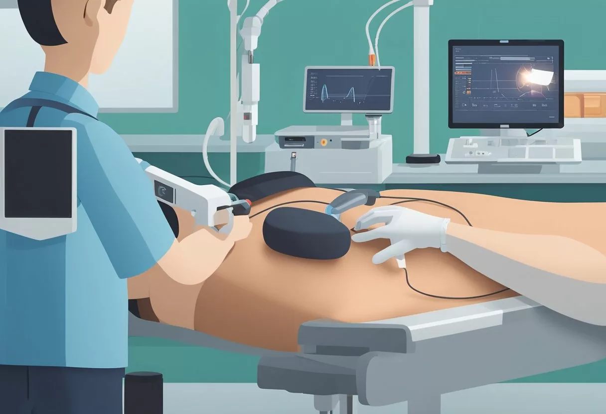 A technician positions an ultrasound probe on a patient's neck, measuring carotid artery thickness for a CIMT test