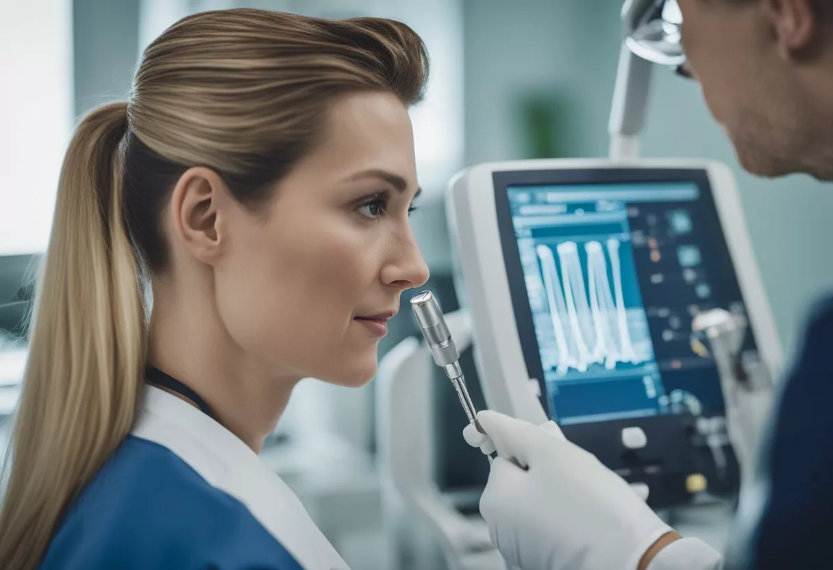 A medical professional measures CIMT on a carotid artery using ultrasound equipment in a clinical setting