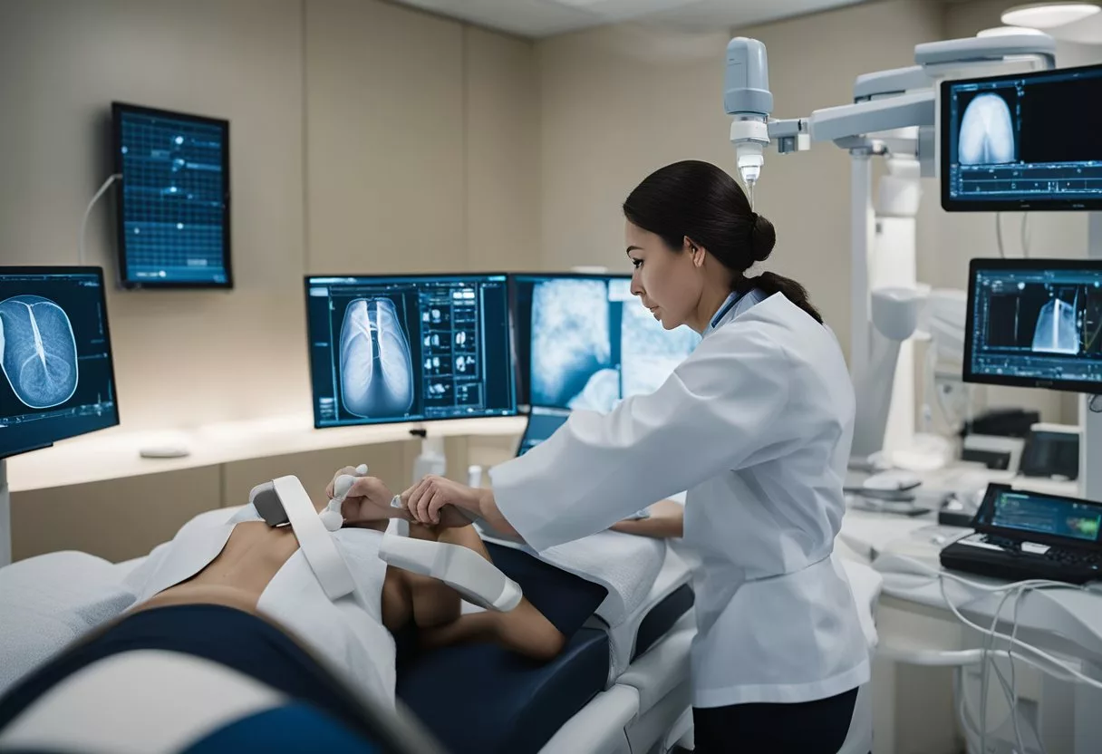 A technician measures carotid intima‑media thickness with an ultrasound probe on a patient's neck. The screen displays real-time images of the carotid artery