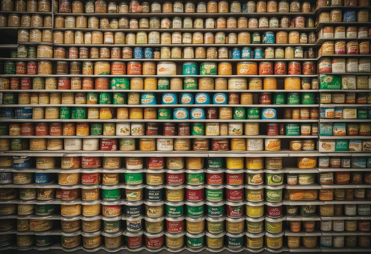 A shelf filled with rows of canned soups, labeled "10 worst foods for your blood pressure."