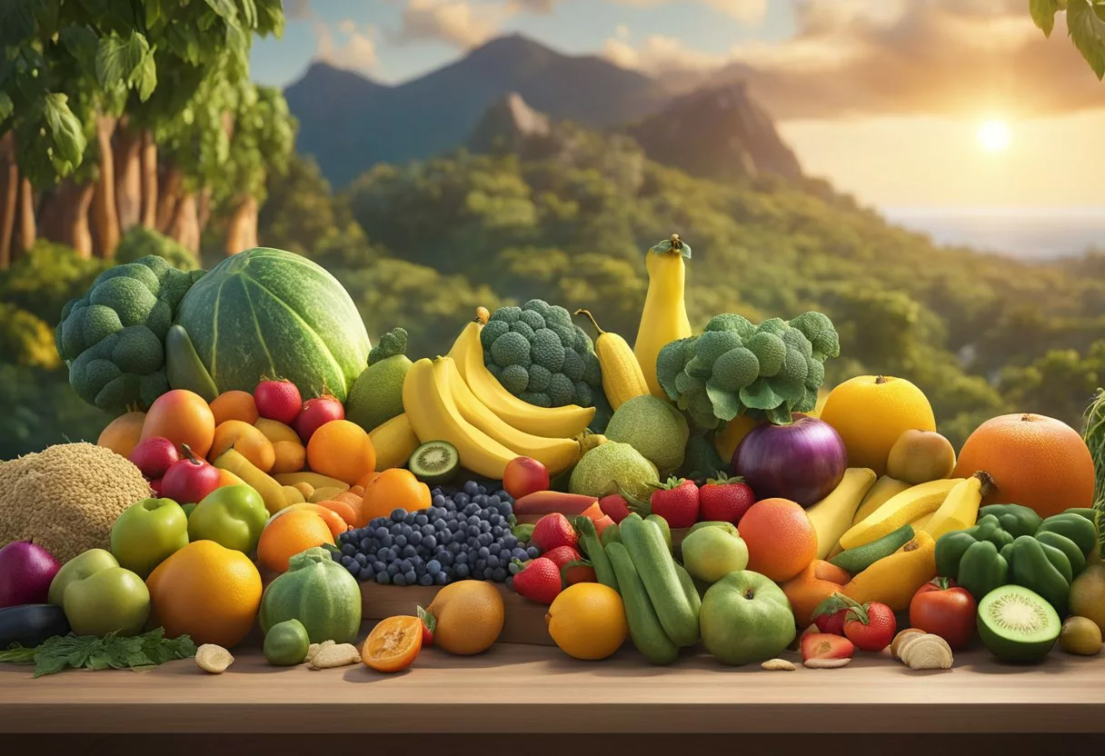 A colorful array of fresh fruits, vegetables, whole grains, lean proteins, and healthy fats arranged on a table, with a vibrant background of natural landscapes