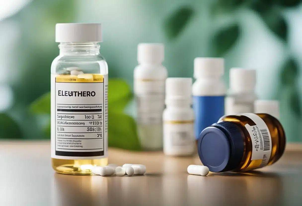 A bottle of Eleuthero supplement next to a diabetes medication with clear dosage instructions