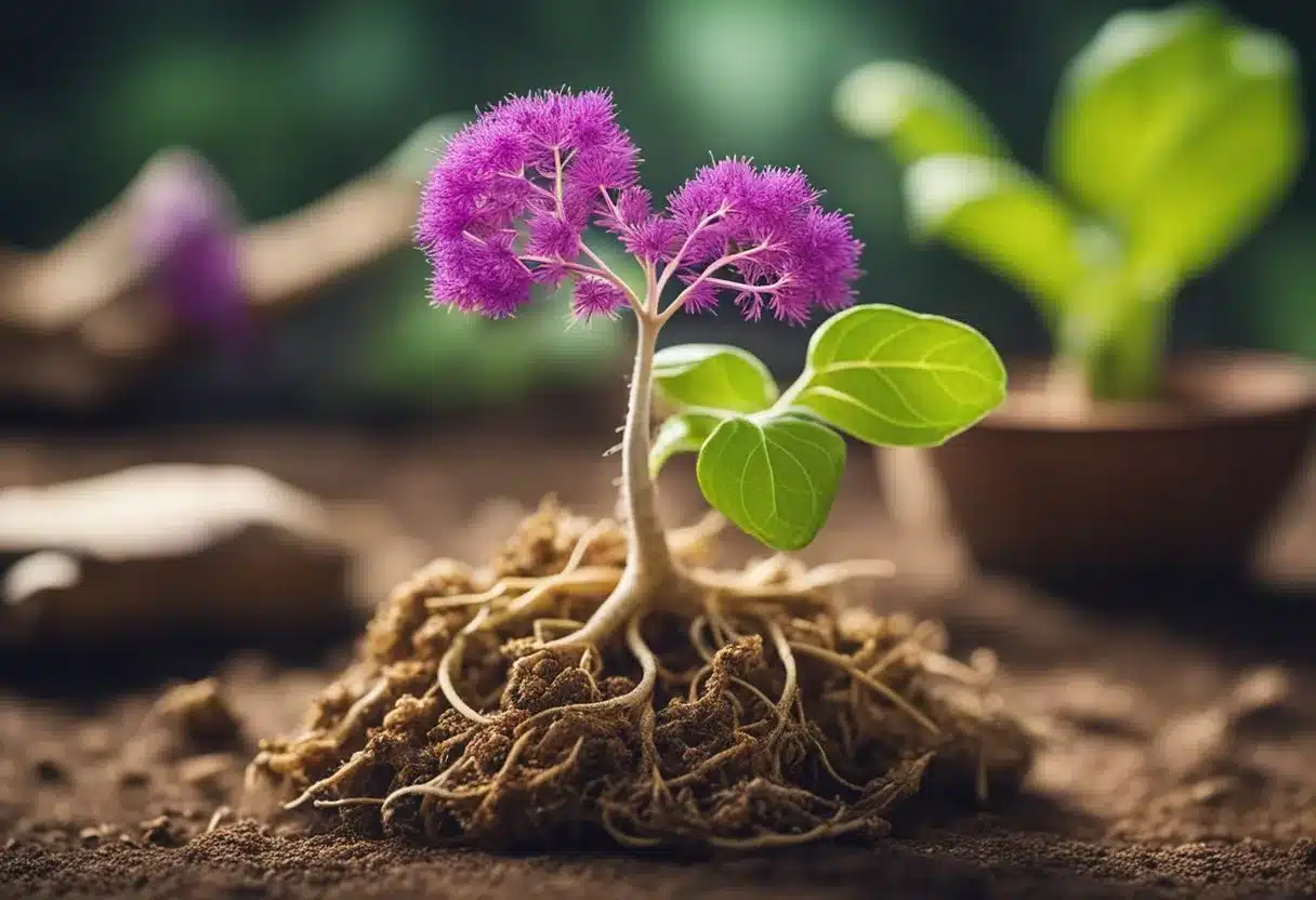 A colorful maca root plant with a diabetes awareness ribbon intertwined in the leaves, symbolizing its potential benefits for managing diabetes