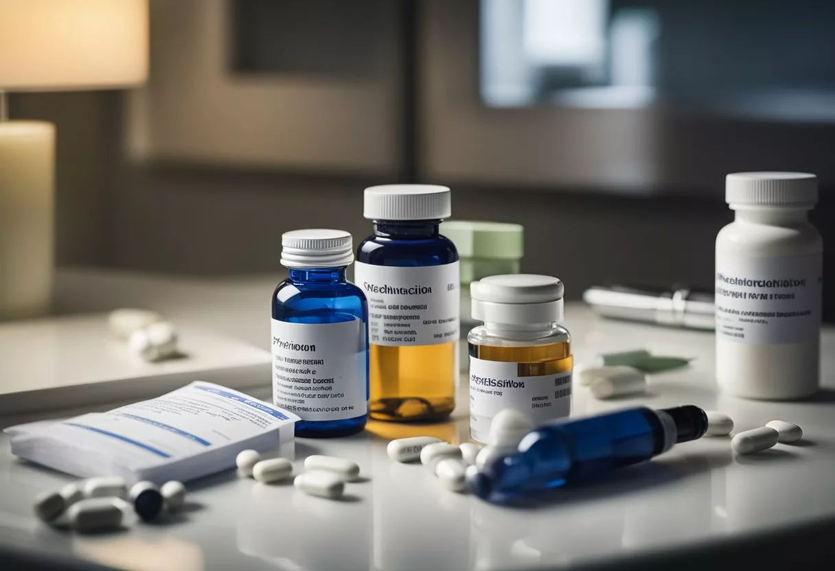 Various pill bottles scattered on a nightstand, with a prescription pad and pen nearby. The labels on the bottles indicate different psychotropic medications