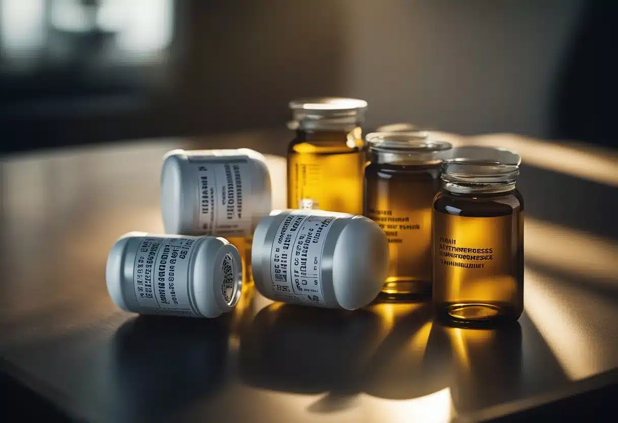 A stack of pill bottles with labels like "antidepressants" and "stimulants" sits on a bedside table, casting long shadows in the dimly lit room