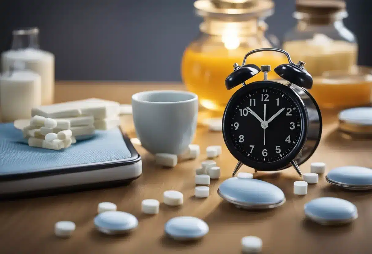 A table with various respiratory and allergy medications, a clock showing late night hours, and a person tossing and turning in bed