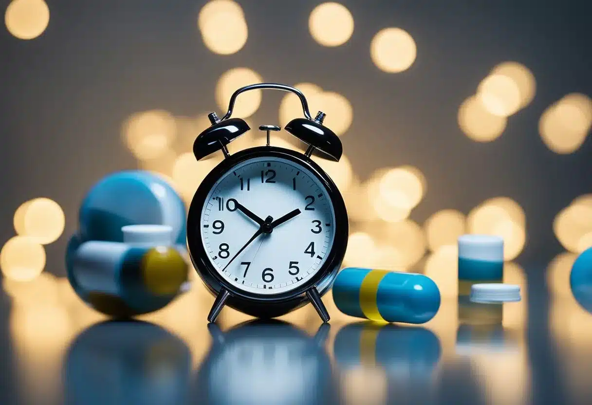 A bottle of stimulant medication next to a clock showing a late hour, with a person tossing and turning in bed