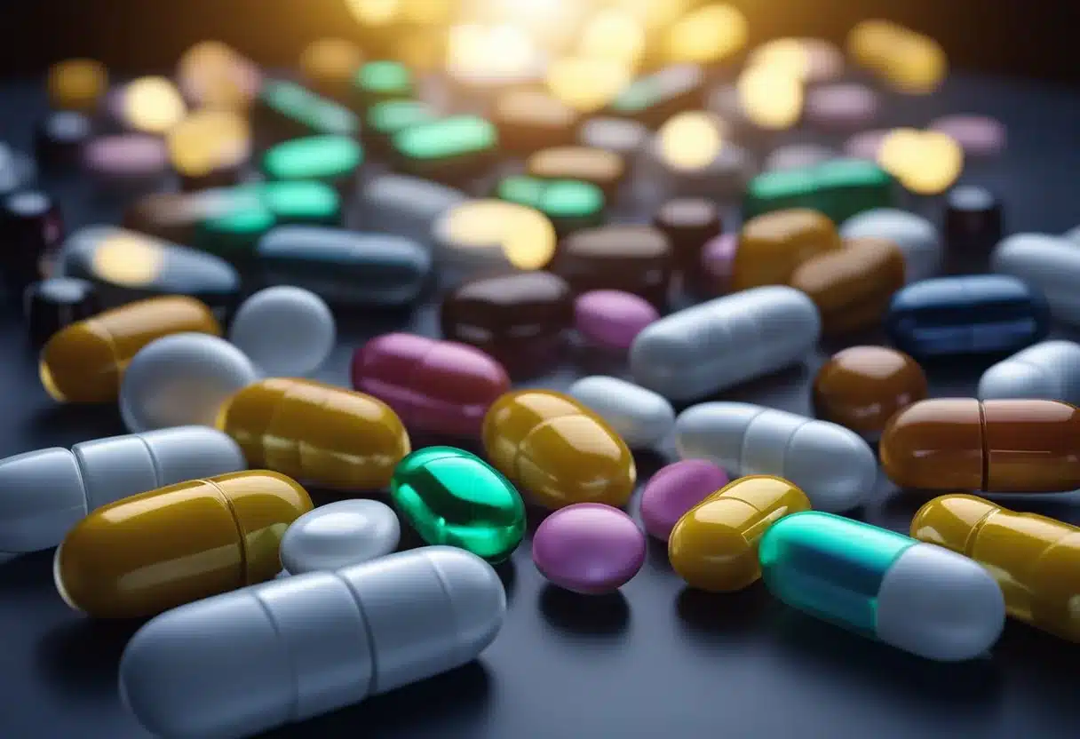 Various medications interact, causing insomnia. Visualize pill bottles, capsules, and tablets interacting in a chaotic manner, with a sleepless night sky in the background