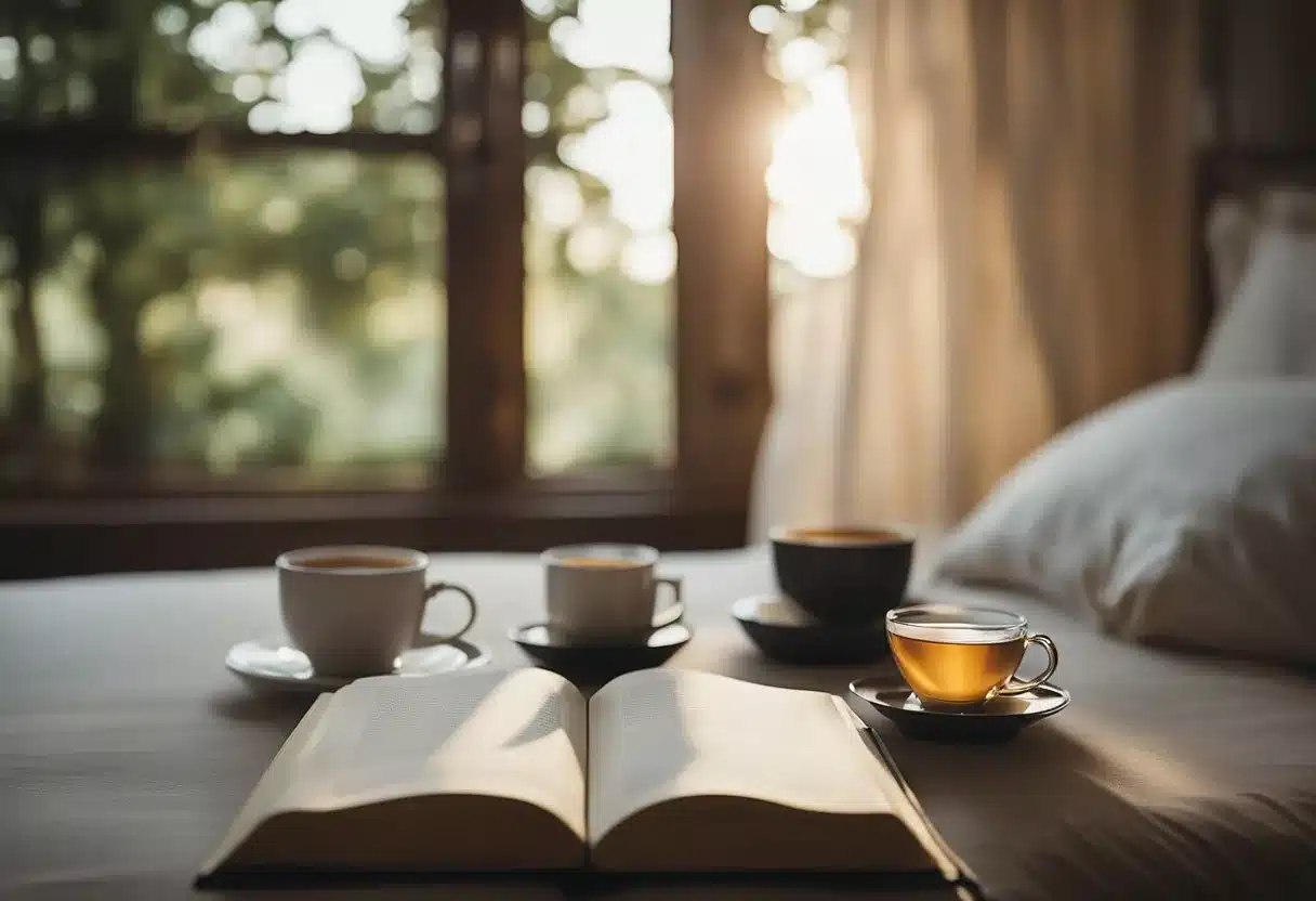 A sleep therapist discusses lifestyle changes for better sleep. A cozy bedroom setting with calming colors and soft lighting, along with a journal and soothing tea, could illustrate the scene