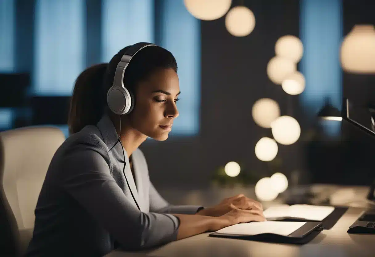 A sleep therapist sits at a desk, listening attentively to a client's concerns. The room is dimly lit, with soft music playing in the background to create a calming atmosphere