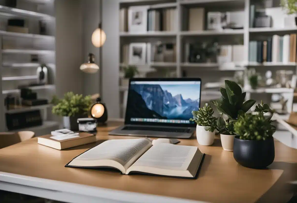 A sleep therapist sits in a cozy office, surrounded by calming decor. A bookshelf holds sleep-related literature, and a soft, comfortable chair is positioned across from the therapist's desk. The therapist's desk is organized with a computer, notepad,