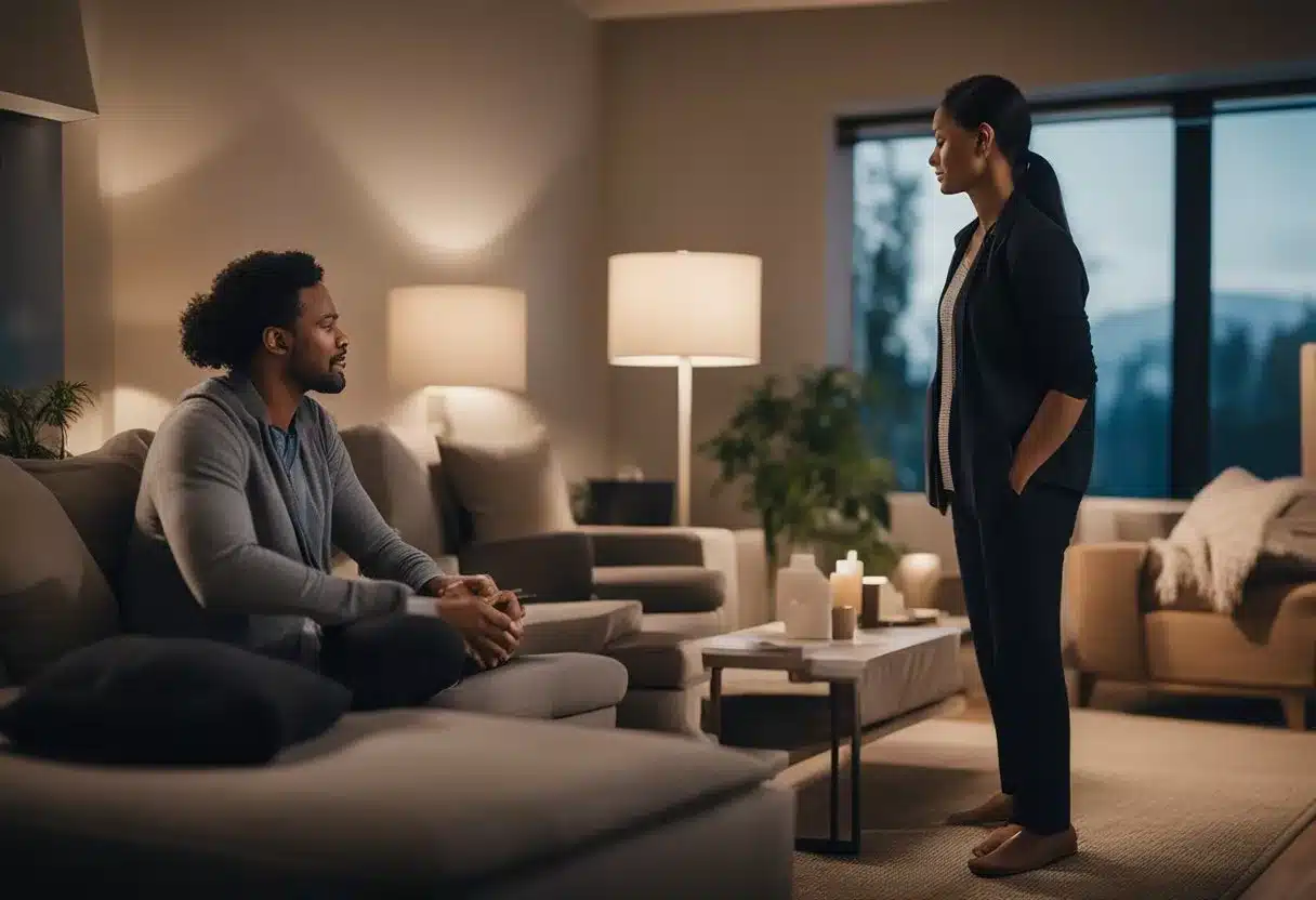 A sleep therapist guides a client through relaxation exercises and discusses sleep habits in a cozy, dimly lit room with comfortable furnishings