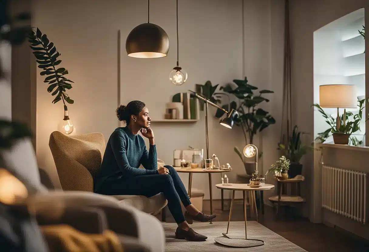 A sleep therapist sits in a cozy office, surrounded by calming decor and soft lighting. They listen attentively to their client, offering guidance and support for better sleep