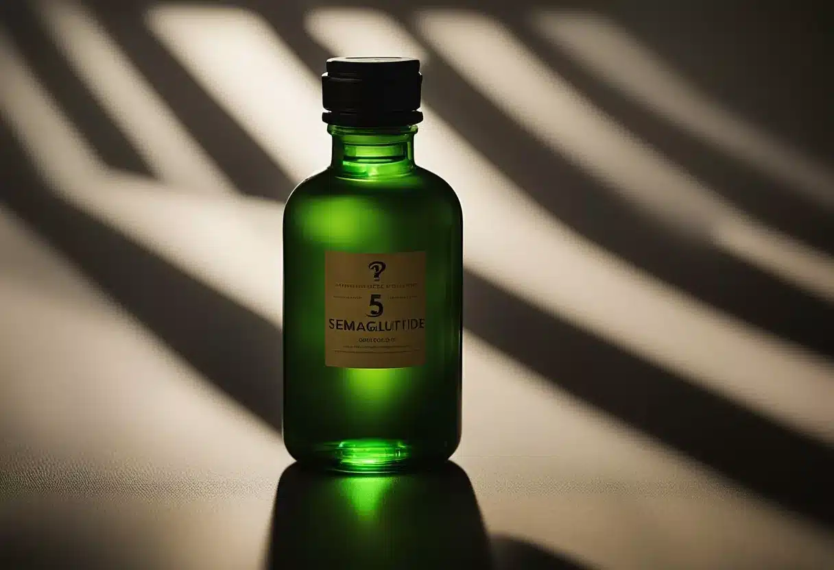 A bottle of semaglutide sits on a table, with a question mark hovering above it. The room is dimly lit, creating a sense of mystery and uncertainty