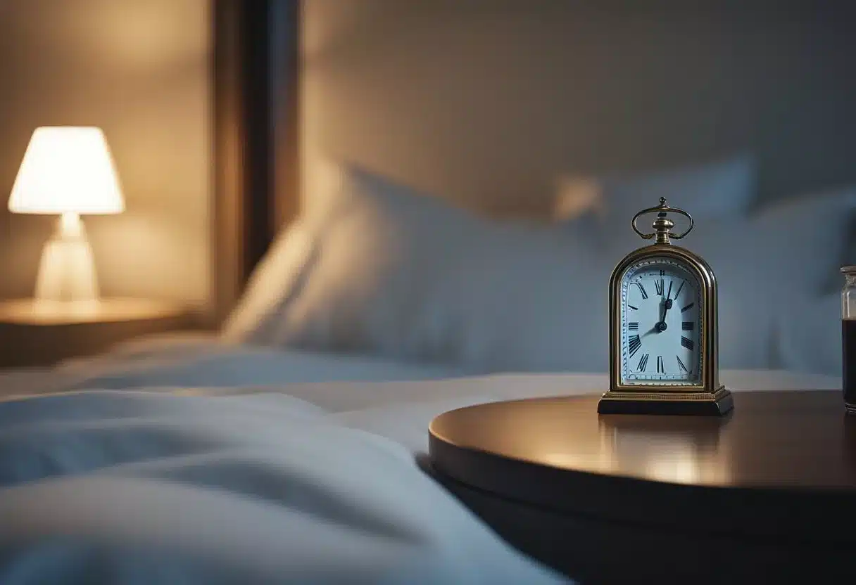 A bottle of semaglutide next to a bedside table with a clock showing 3 am. A person lies awake in bed, staring at the ceiling