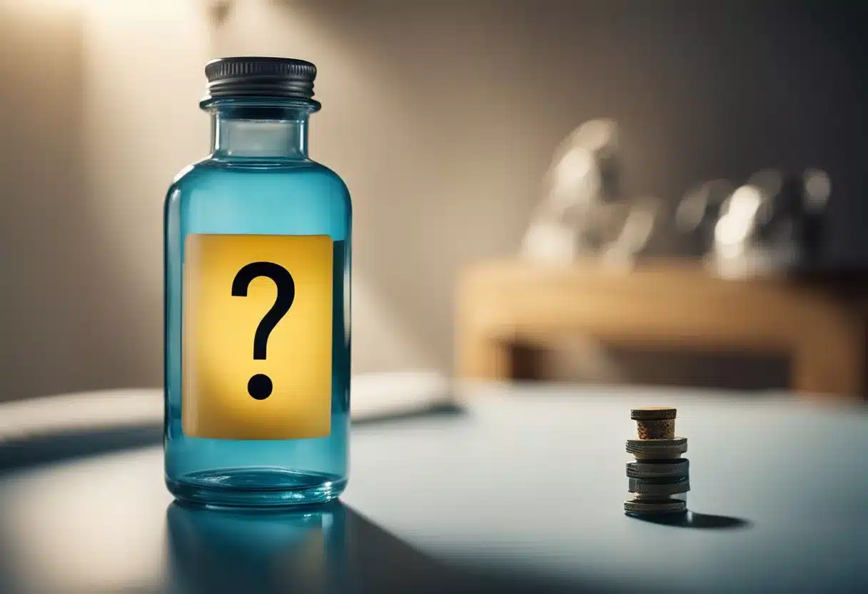 Semaglutide bottle with a question mark, a clock showing late hours, and a person tossing and turning in bed