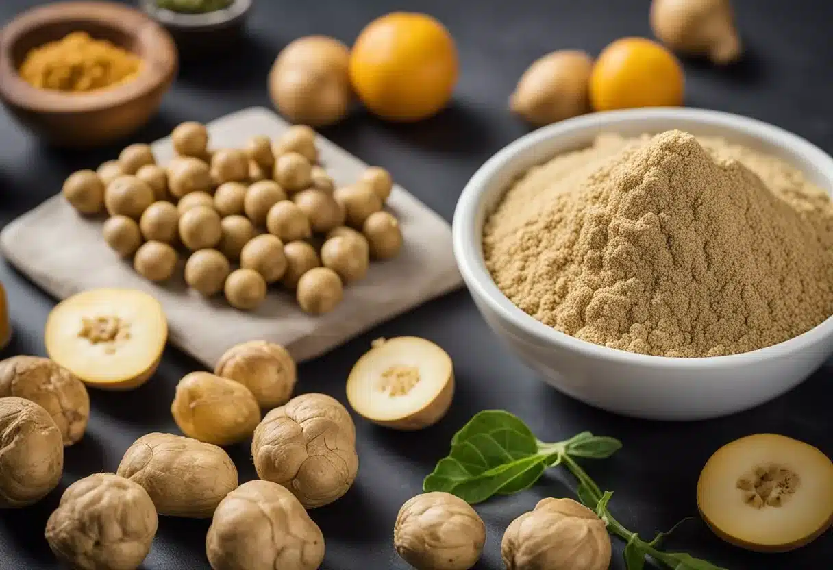 A colorful array of maca root supplements arranged on a clean, modern countertop, surrounded by fresh fruits and vegetables