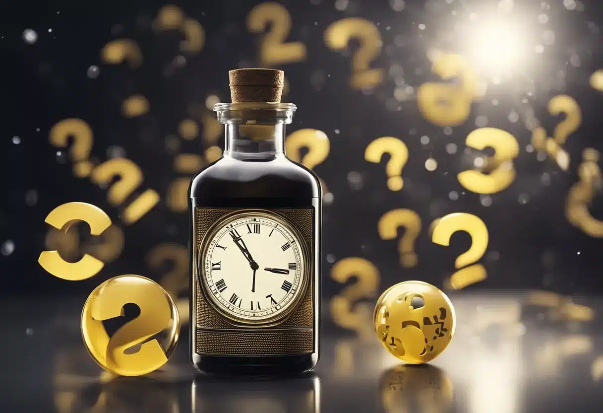 A bottle of semaglutide with a question mark above it, surrounded by floating ZZZ symbols and a clock showing midnight