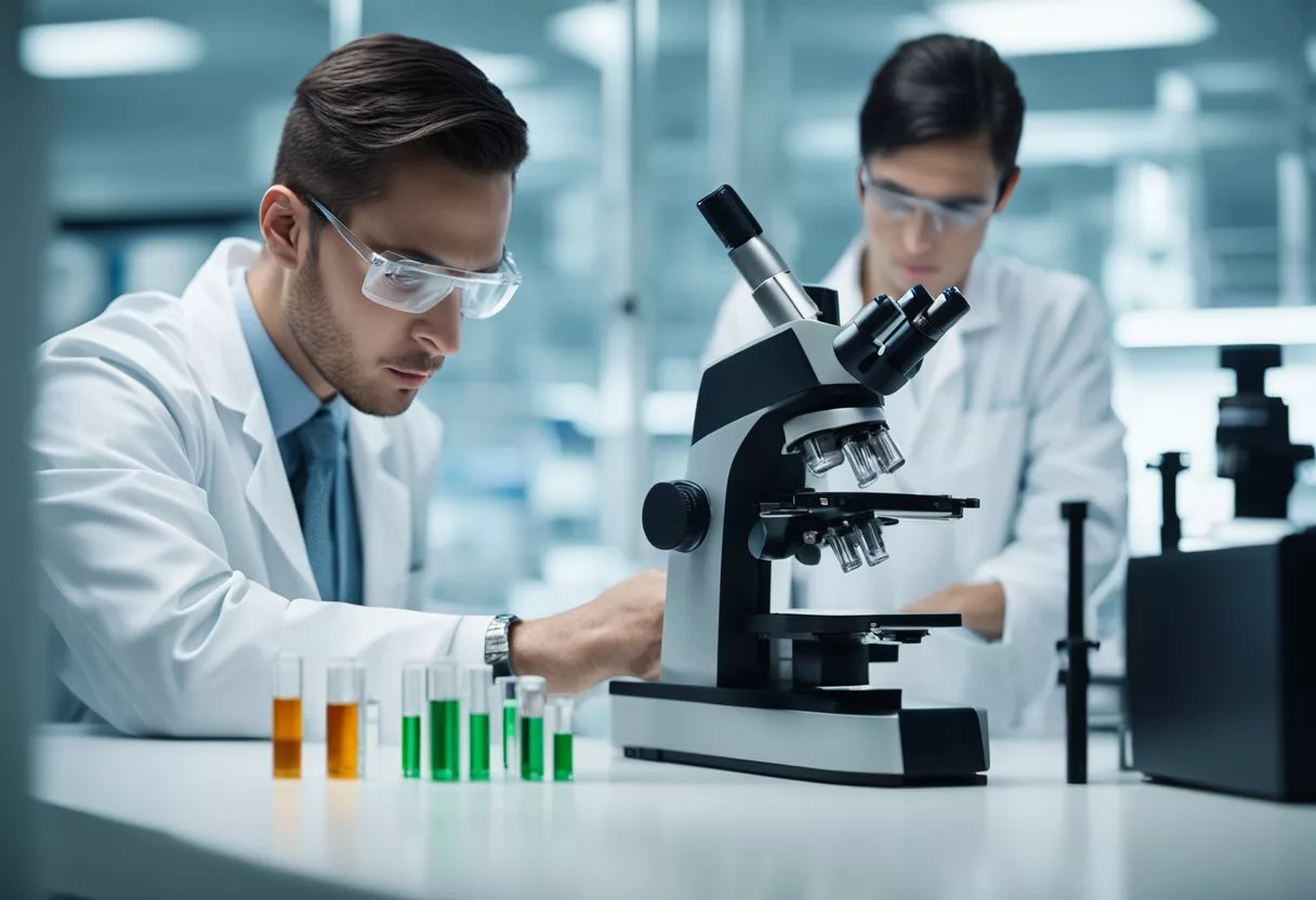 A lab setting with vials of semaglutide, a computer displaying research data, and a researcher analyzing results