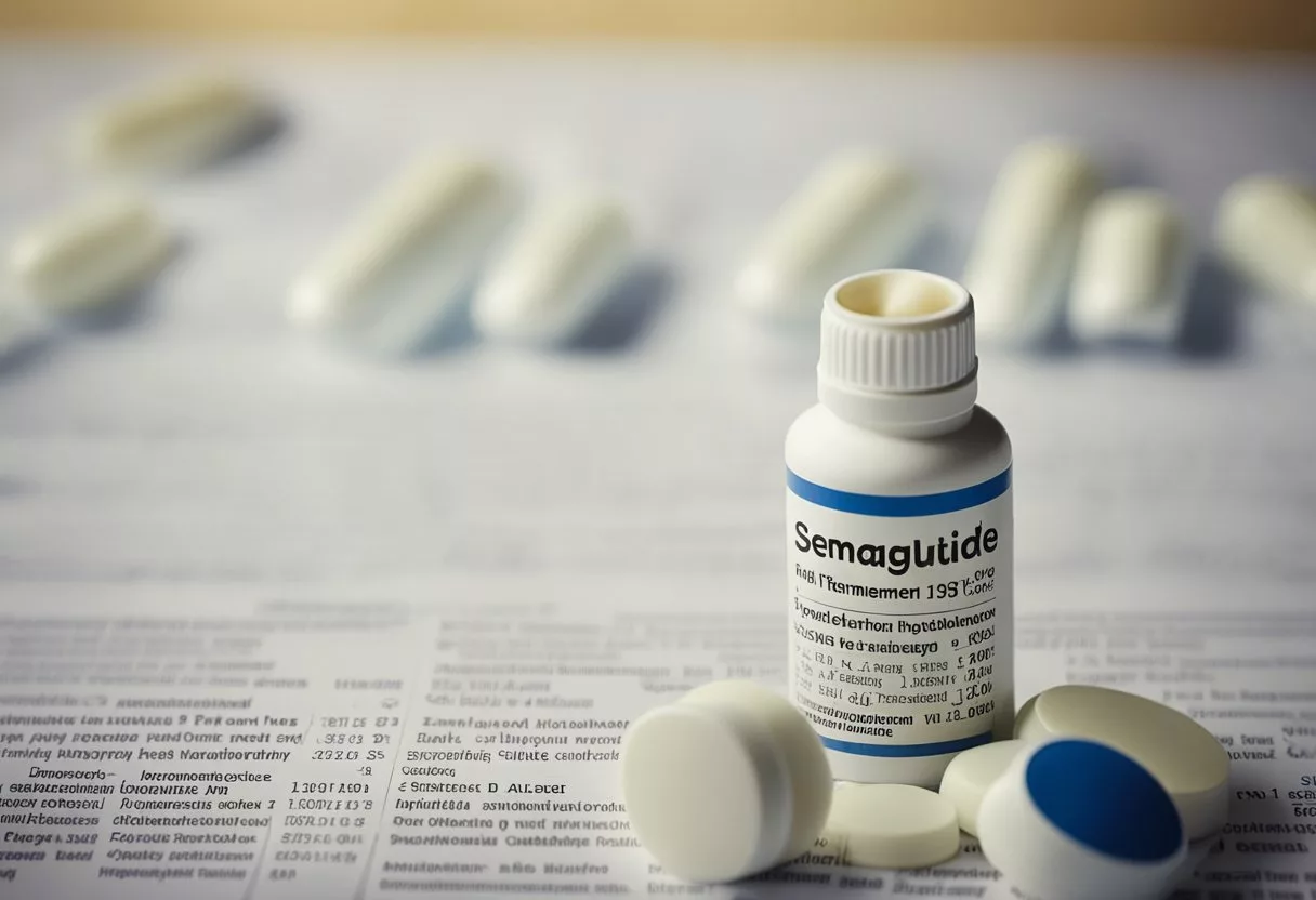 A bottle of semaglutide sits next to a list of treatment options for diabetes. A person lies in bed, wide awake, staring at the ceiling