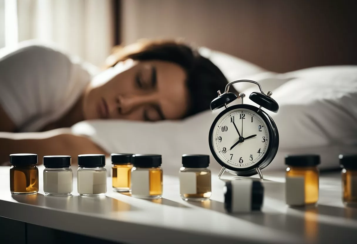 A person sleeping heavily in bed, surrounded by alarm clocks and medication bottles