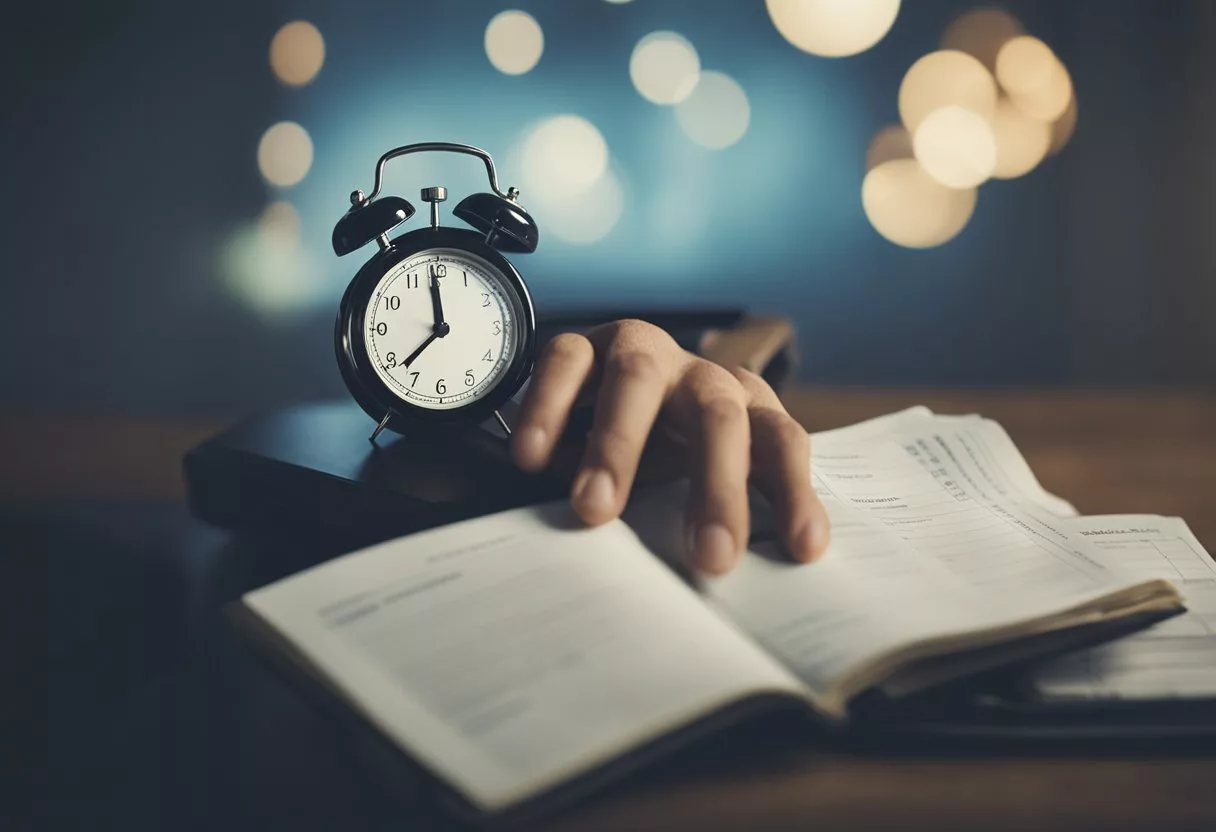 A person sleeping in bed with a clock showing the time, a doctor reviewing medical records, and a prescription for medication