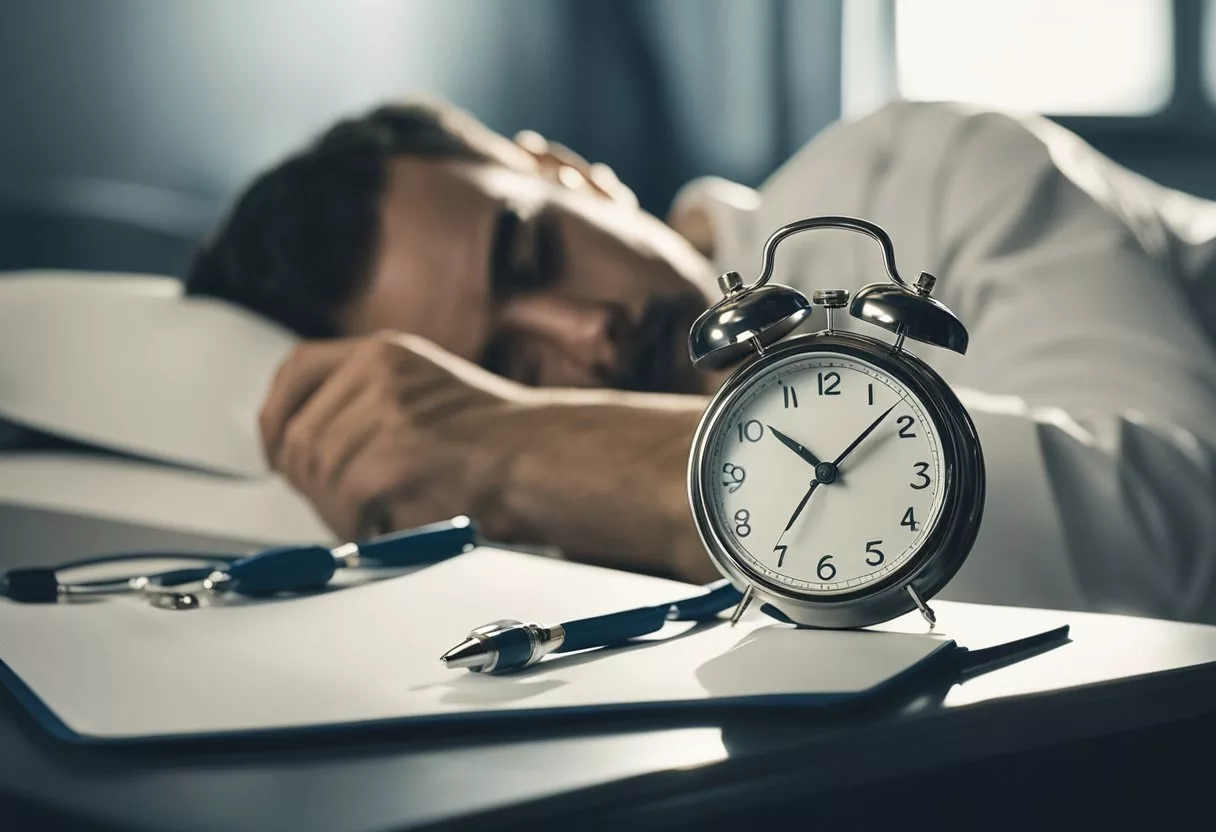 A person sleeping deeply with a clock showing long hours. A doctor holding a clipboard with a diagnosis. Medication bottles on a bedside table