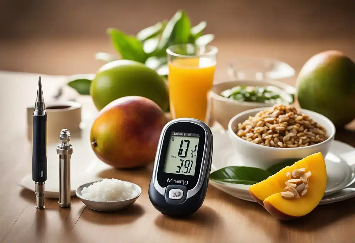 African mango supplement next to a blood glucose monitor, insulin pen, and a plate of balanced diabetic-friendly meals