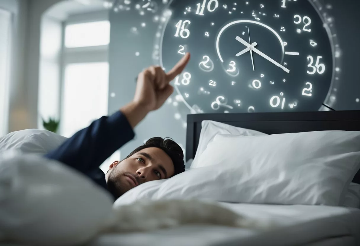 A person tossing and turning in bed, surrounded by a clock showing the passing hours, a brain with swirling thoughts, and a body feeling fatigued and restless