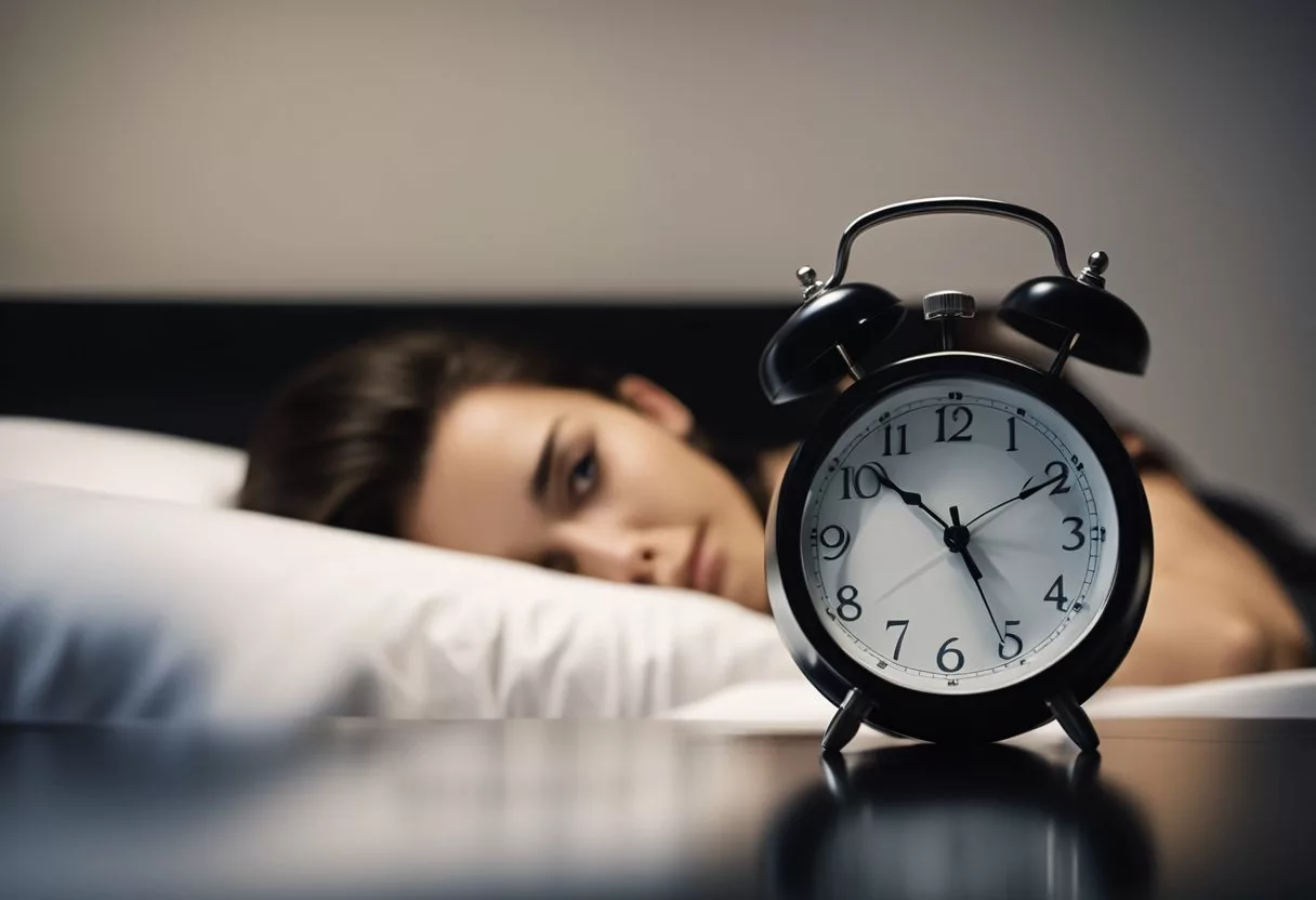 A person lies awake in bed, surrounded by darkness. The clock ticks loudly, emphasizing the passing hours. The lack of sleep takes its toll, with exhaustion evident in the hunched posture and heavy eyelids