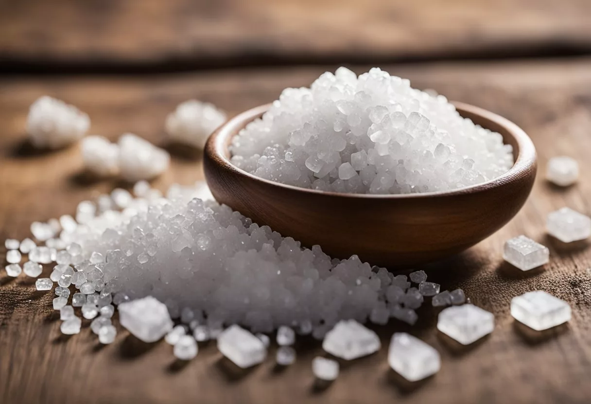 A Celtic salt crystal stands tall next to a pile of table salt, showcasing their differences in texture and size