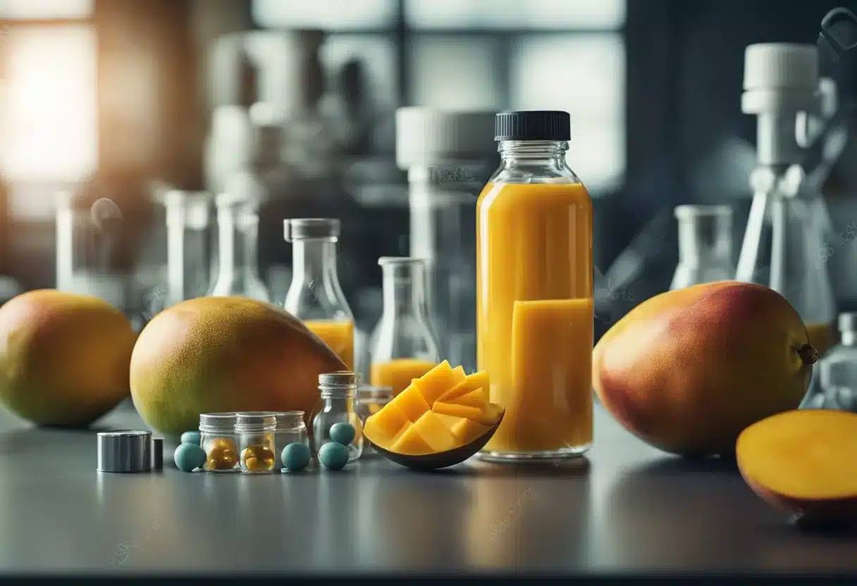 African mango fruit and supplement bottles on a laboratory table with scientific equipment