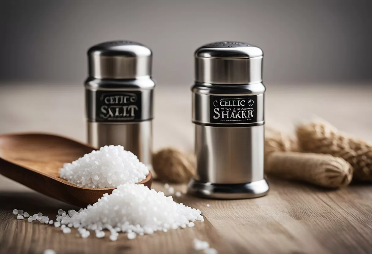 A Celtic salt shaker stands next to a table salt shaker. Both are labeled with "Frequently Asked Questions" on a clean, white background