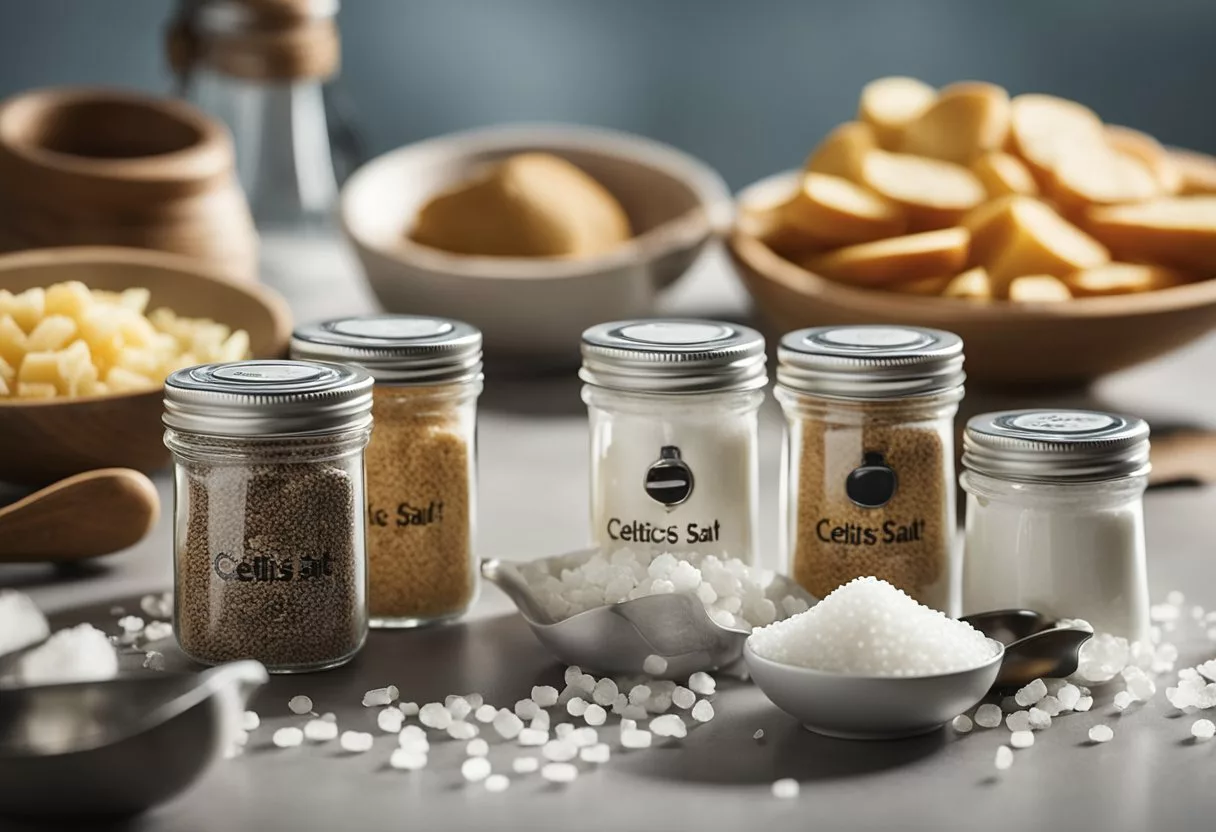 A kitchen table with two salt shakers, one labeled "Celtic salt" and the other "table salt," surrounded by various food items