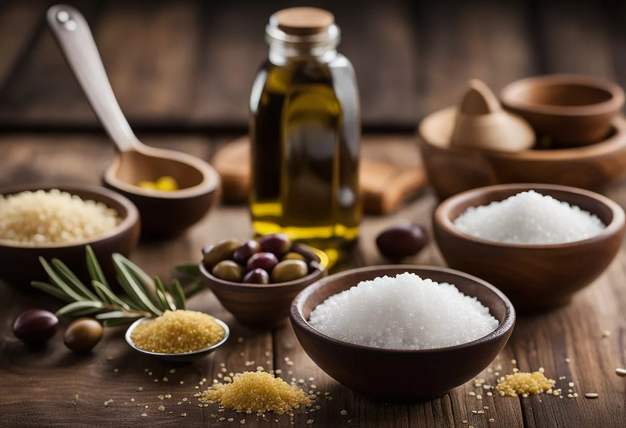 A wooden table with various containers of specialty salts and a bowl of table salt, with a small spoon and a dish of olive oil nearby