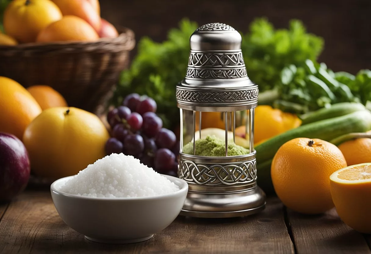 A Celtic salt shaker stands tall next to a table salt shaker. The Celtic salt shaker is surrounded by vibrant fruits and vegetables, while the table salt shaker is accompanied by processed foods and canned goods