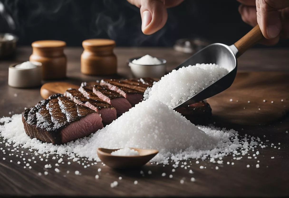 A chef sprinkles Celtic salt on a seared steak, while a pile of table salt sits next to it. The Celtic salt is coarse and grey, with a mineral-rich flavor, while the table salt is fine and white, with a sharper,