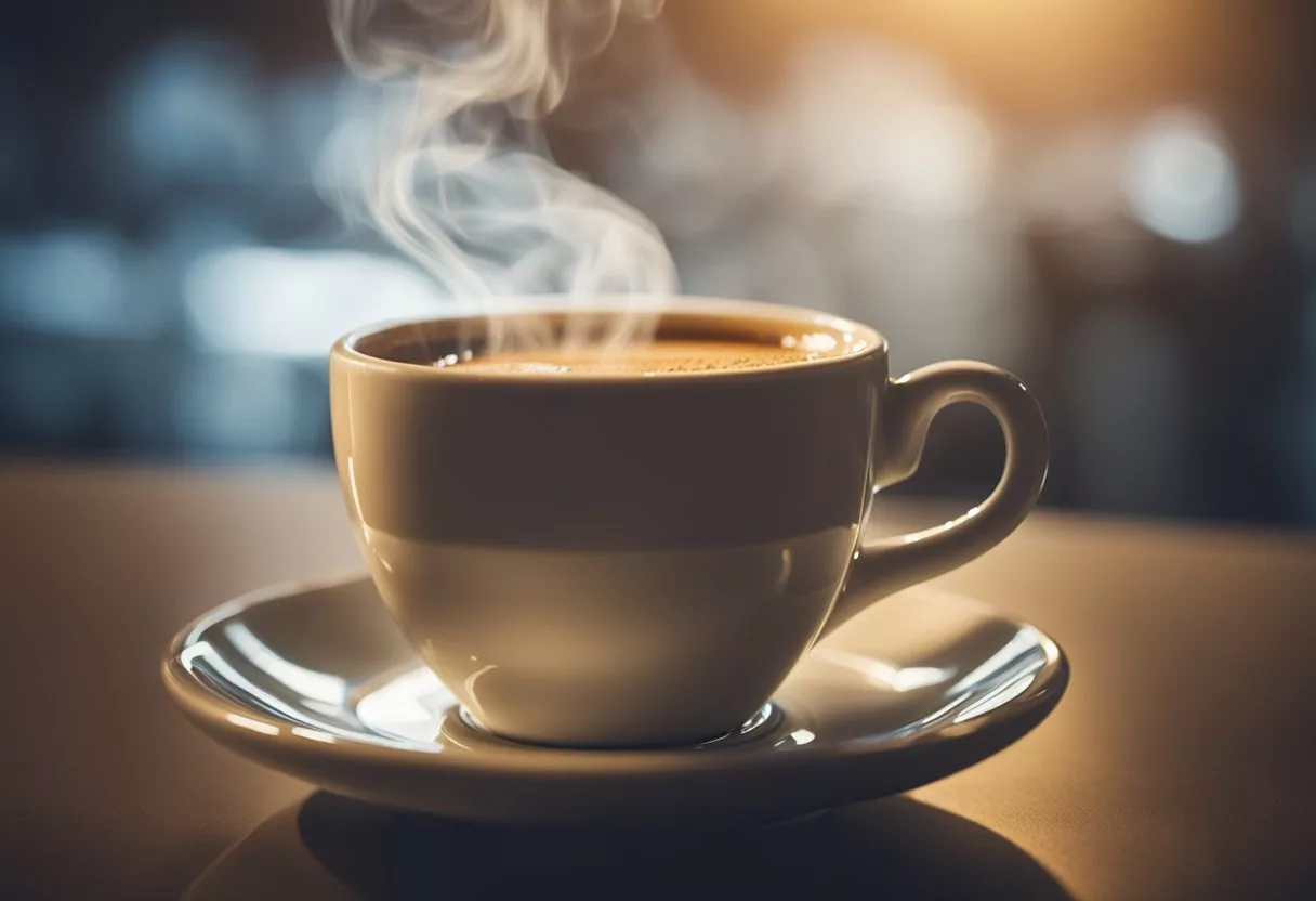 A steaming cup of coffee with Java Burn logo in the background